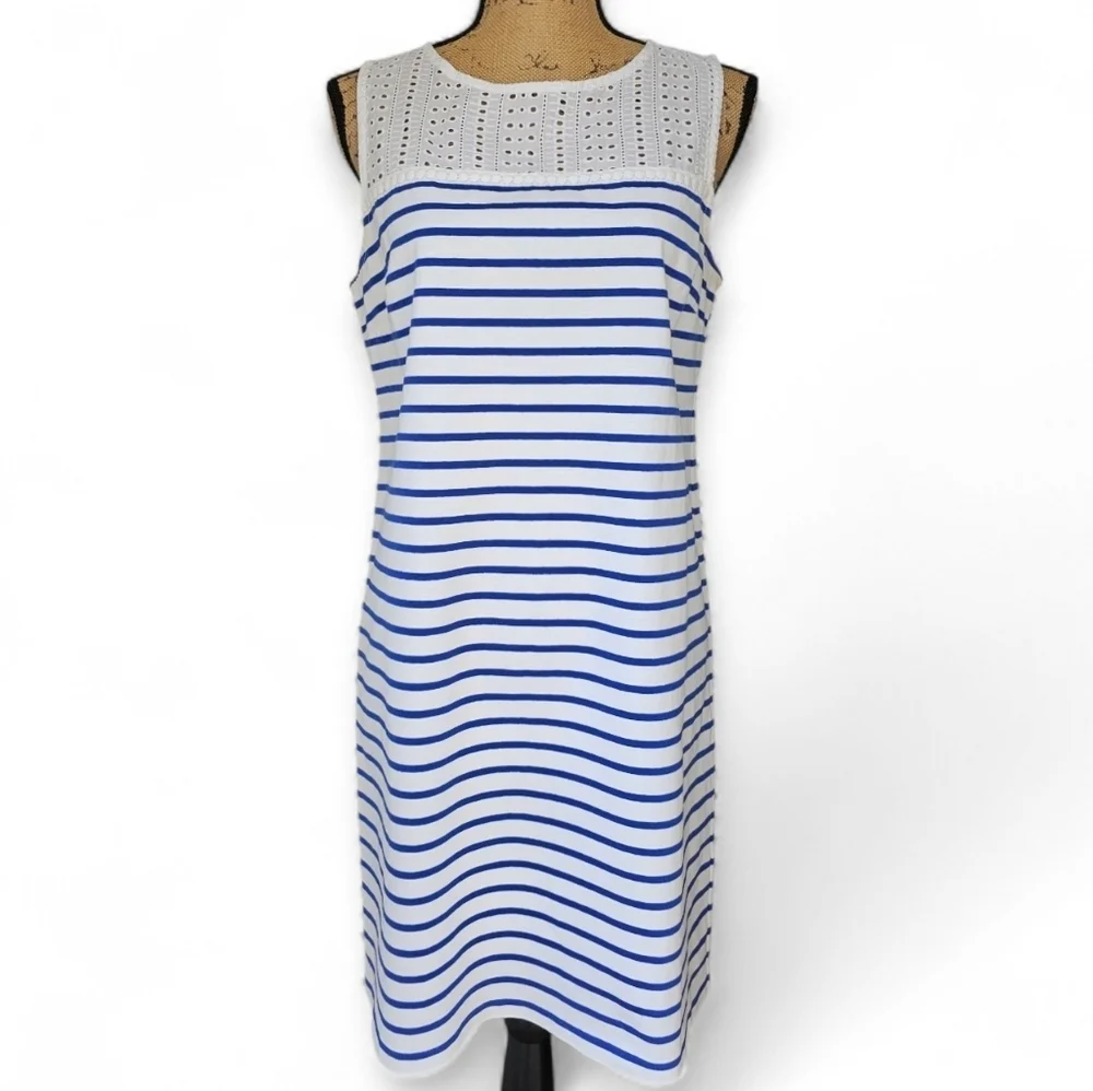 J. Crew Sleeveless Blue and White Striped Cotton Dress With Eyelet Lace Yoke, S